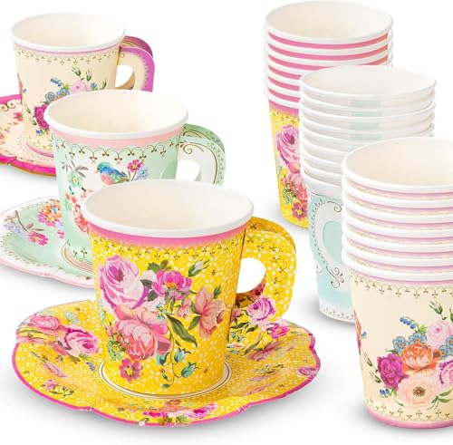 Talking Tables 24 x Vintage Paper Floral Disposable Tea Cups & Saucer Set, Afternoon Tea Party Table Decorations For Mother’s Day, Birthday, Baby Shower, Wedding - 6inches - Image 2