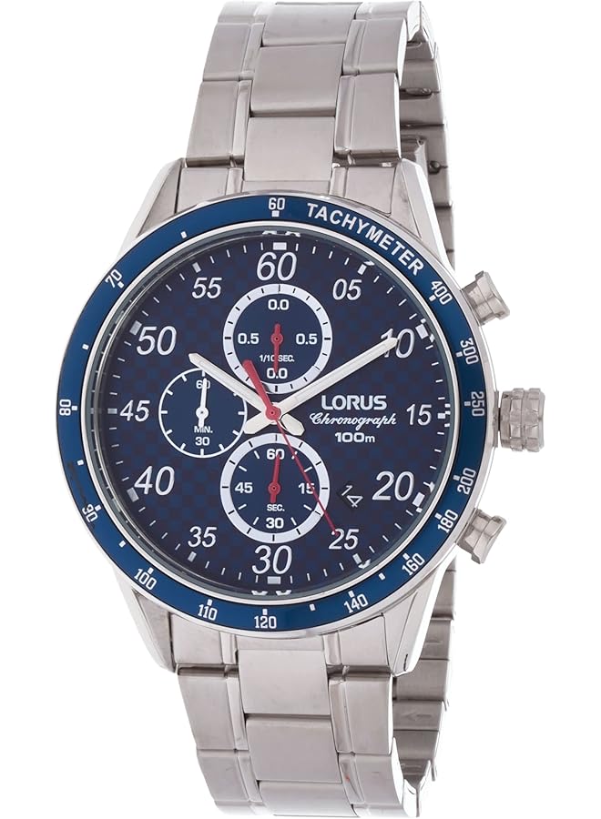 LORUS Rm329Ex9 Sports Quartz 100M Water Resistant Chronograph Tachymeter Stainless Steel Silver And Blue - Image 1