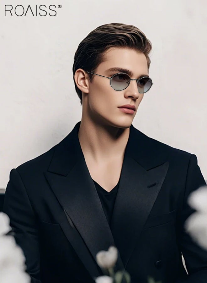 Retro Polarized Oval Sunglasses for Women Men, UV400 Protection Sun Glasses with Gradient Grey Blue Lens, Fashion Anti-Glare Sun Shades for Women with Glasses Case, 54mm