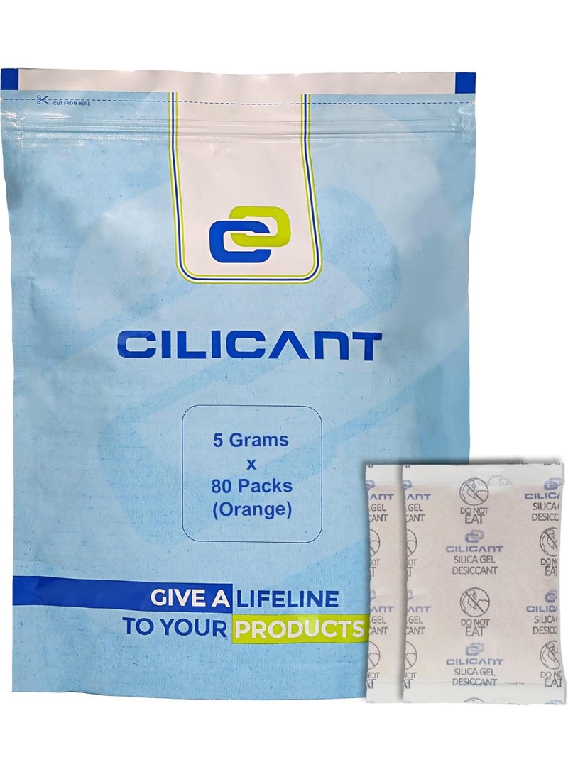 CILICAnT عبوات جل السيليكا من سيليكانت 5 جرام (80 قطعة) - مادة مجففة برتقالية اللون لامتصاص الرطوبة للأجهزة الإلكترونية والأدوات والوثائق والملابس والتخزين | عبوات مزيلة للرطوبة ومضادة للروائح والفطريات | 5 جرام × 80 = 400 جرام - Image 1