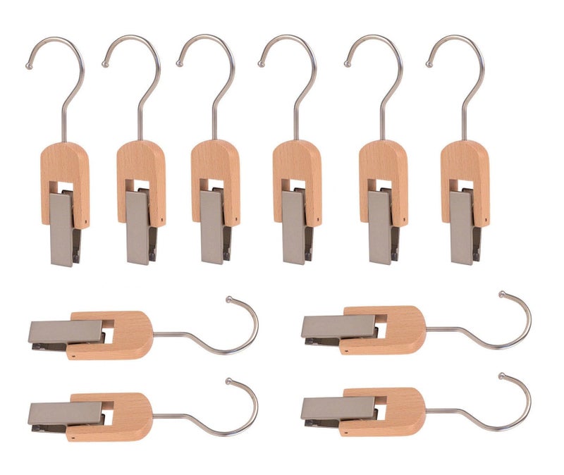 ZIVIK Wooden Clip with Steel Hook Scarf Hat Hanger, Bra Drying Rack Sock Hanging Clips Closet Laundry Hooks with Clips, Wooden Clippers for Hanging Laundry (Pack of 10) - Image 1