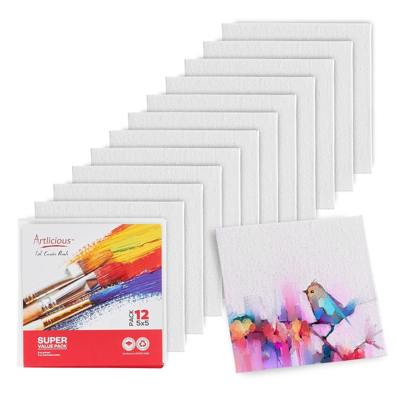 Artlicious Canvases for Painting  Pack of 12 5 x 5 Inch Blank White Canvas Boards  100 Cotton Art Panels for Oil Acrylic  Watercolor Paint