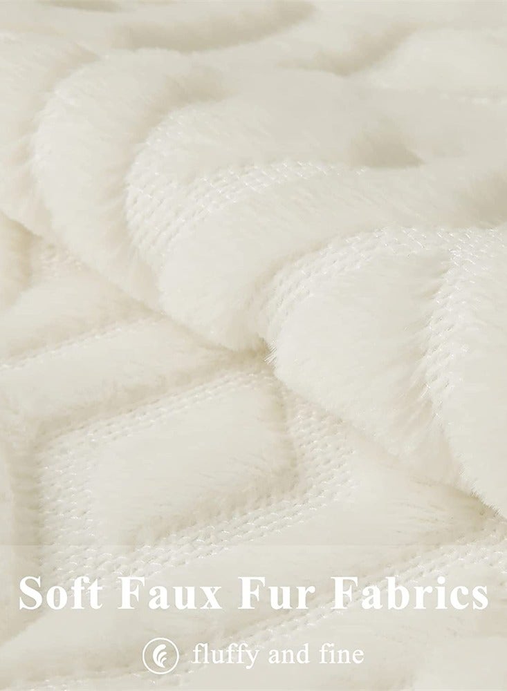 Cream White Soft Faux Fur Decorative Pillow Covers Set of 2 17x17 Inch with 3D Diamond Pattern for Couch Sofa Living Room - Image 3