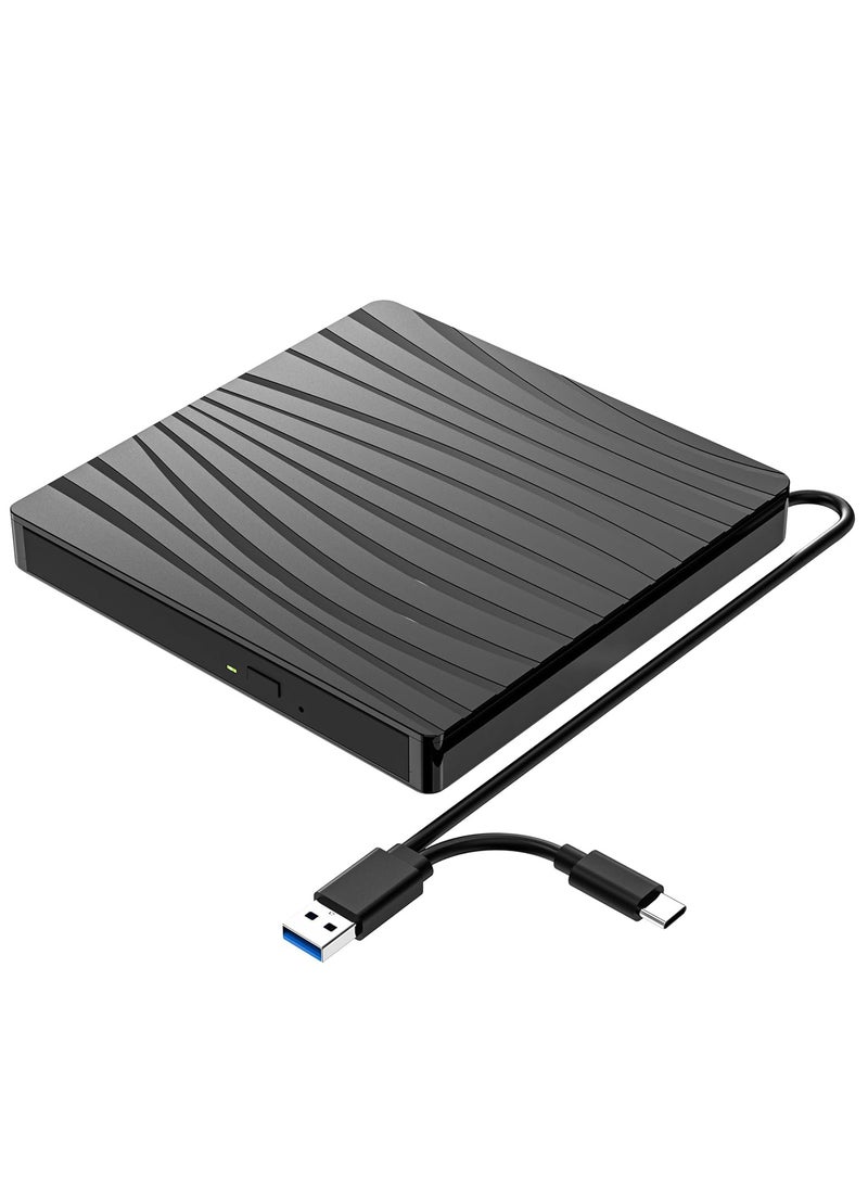 محرك أقراص CD/DVD خارجي لأجهزة الكمبيوتر المحمول، USB 3.0 وType-C محمول CD DVD +/-RW ناسخ محرك الأقراص الضوئية وقارئ محرك أقراص DVD - Image 1