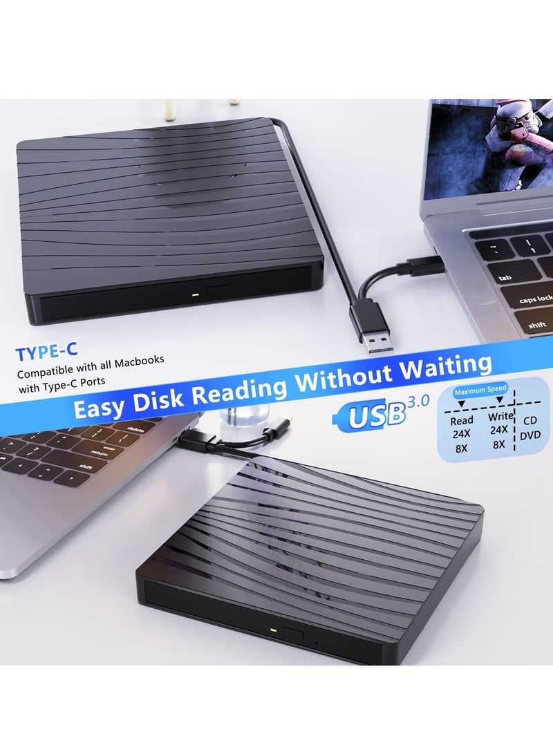 محرك أقراص CD/DVD خارجي لأجهزة الكمبيوتر المحمول، USB 3.0 وType-C محمول CD DVD +/-RW ناسخ محرك الأقراص الضوئية وقارئ محرك أقراص DVD - Image 4