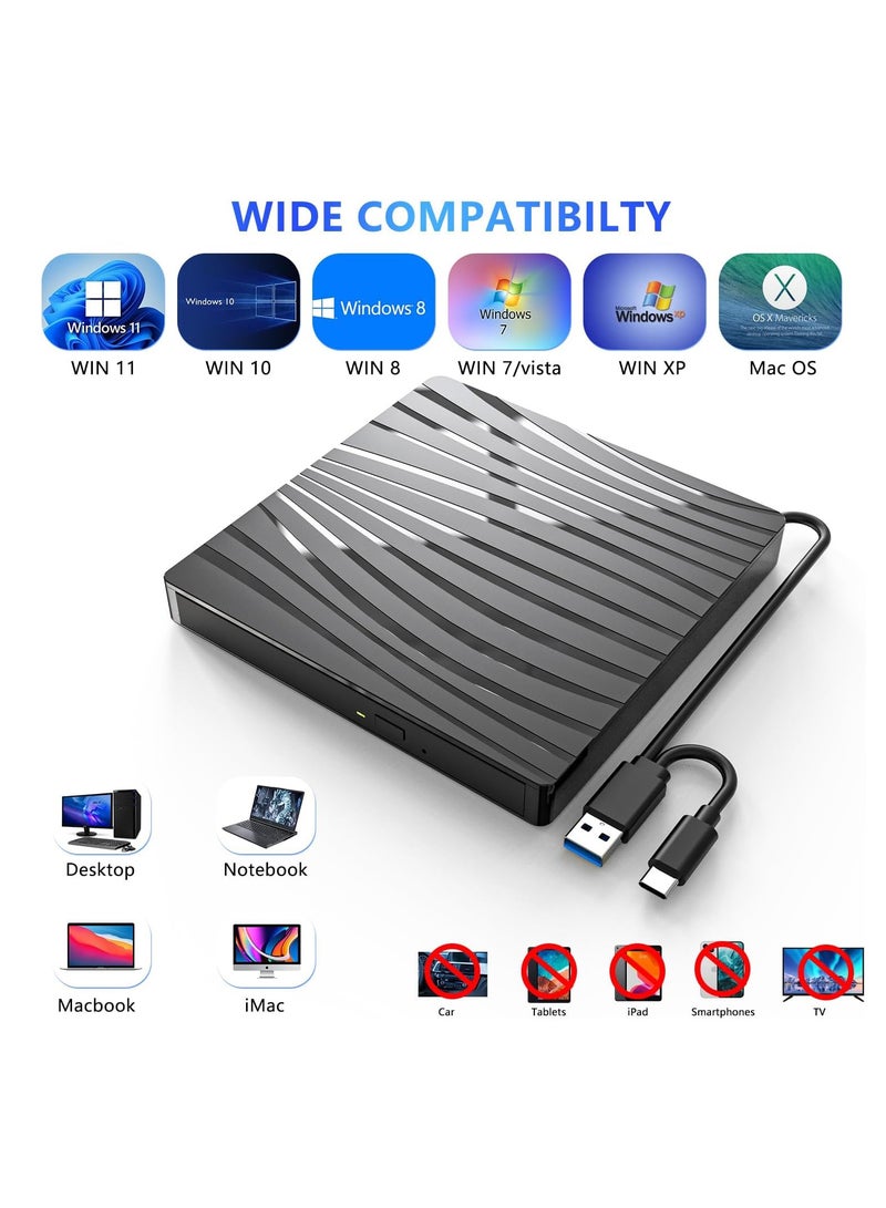 محرك أقراص CD/DVD خارجي لأجهزة الكمبيوتر المحمول، USB 3.0 وType-C محمول CD DVD +/-RW ناسخ محرك الأقراص الضوئية وقارئ محرك أقراص DVD - Image 5