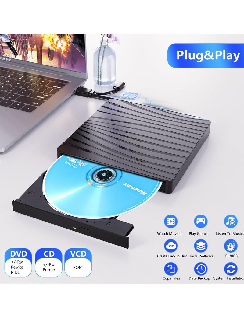 محرك أقراص CD/DVD خارجي لأجهزة الكمبيوتر المحمول، USB 3.0 وType-C محمول CD DVD +/-RW ناسخ محرك الأقراص الضوئية وقارئ محرك أقراص DVD - Image 2