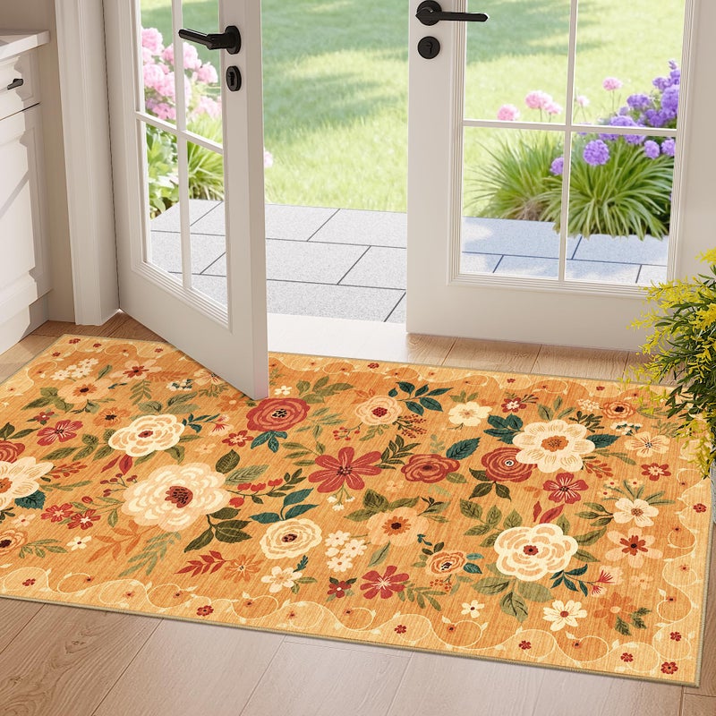 DUKINO 2x3 Rugs for Entryway, Floral Indoor Washable Door Mat, Non Slip Boho Small Rug for Kitchen, Soft Low Pile Front Door Throw Rug for Entrance, Bedroom, Kitchen, Laundry, Bathroom, Orange - Image 1