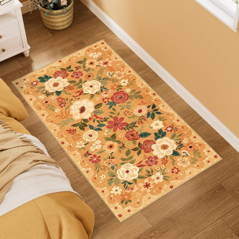 DUKINO 2x3 Rugs for Entryway, Floral Indoor Washable Door Mat, Non Slip Boho Small Rug for Kitchen, Soft Low Pile Front Door Throw Rug for Entrance, Bedroom, Kitchen, Laundry, Bathroom, Orange - Image 2