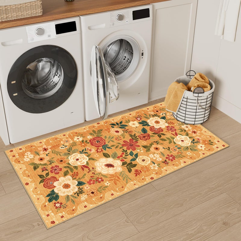 DUKINO 2x3 Rugs for Entryway, Floral Indoor Washable Door Mat, Non Slip Boho Small Rug for Kitchen, Soft Low Pile Front Door Throw Rug for Entrance, Bedroom, Kitchen, Laundry, Bathroom, Orange - Image 4