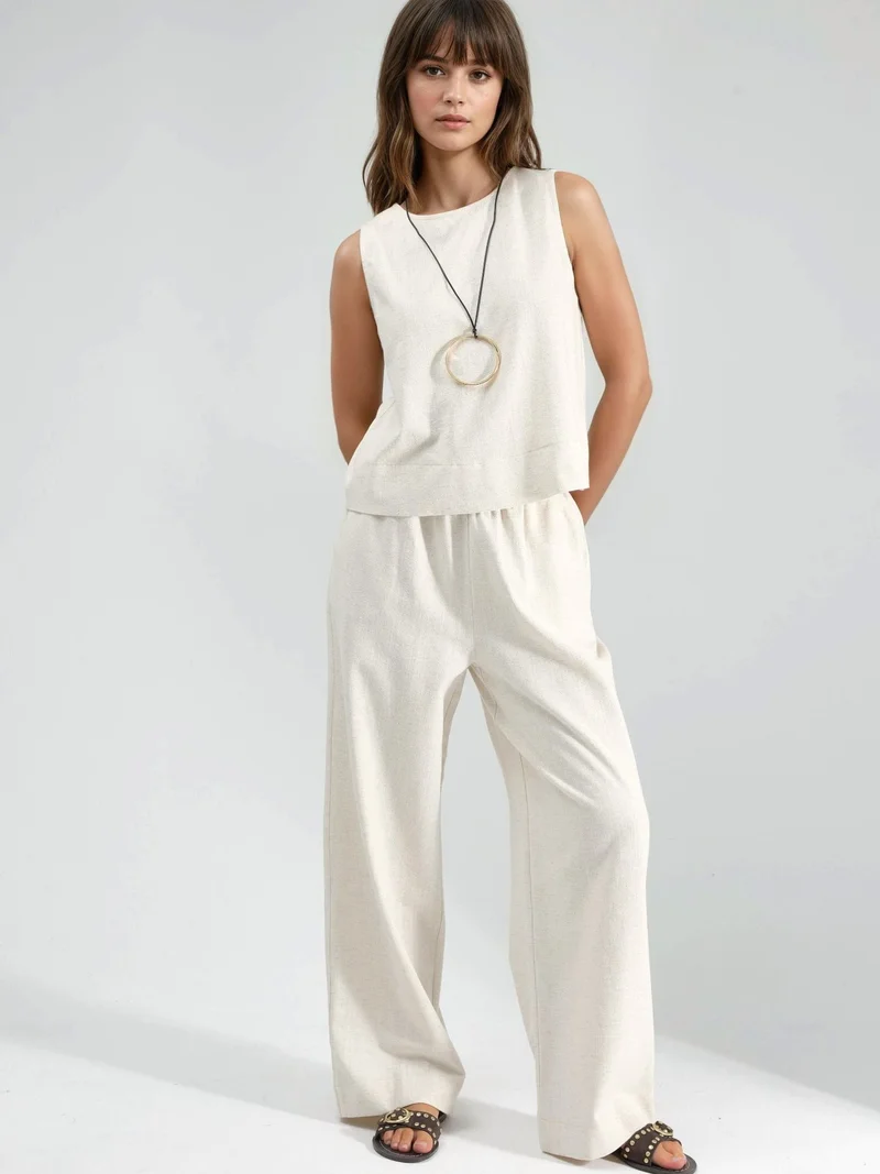 Linen Sleeveless Blouse & Pocketed Pants Set