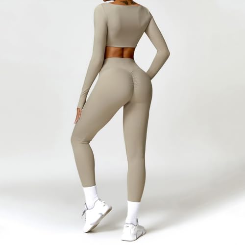 ABOCIW Long Sleeve Crop Tops for Women Square Neck Padded Yoga Workout Crop T Shirt Top Scrunch Butt Lifting High Waist Leggings Workout Sets 2 Piece Outfits ZKhaki Small - Image 3