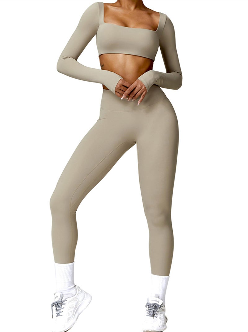 ABOCIW Long Sleeve Crop Tops for Women Square Neck Padded Yoga Workout Crop T Shirt Top Scrunch Butt Lifting High Waist Leggings Workout Sets 2 Piece Outfits ZKhaki Small - Image 2