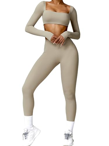 ABOCIW Long Sleeve Crop Tops for Women Square Neck Padded Yoga Workout Crop T Shirt Top Scrunch Butt Lifting High Waist Leggings Workout Sets 2 Piece Outfits ZKhaki Small - Image 1
