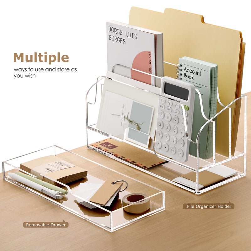 SANRUI Clear Desk Organizer Holder with Drawers, Acrylic Desktop Manila folders File Mail Sorter Box, Office Desk Accessories & Workspace Envelope Bill Letter Organization Racks, 3 Compartments - Image 4