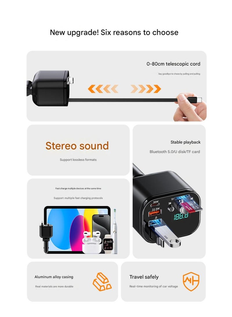Bluetooth MP3 Car Charger | USB/TF Playback | Lossless Audio | Type-C & USB Fast Charging | 0-80CM Retractable Cable | For iPhone/Android/Tablet - Image 4