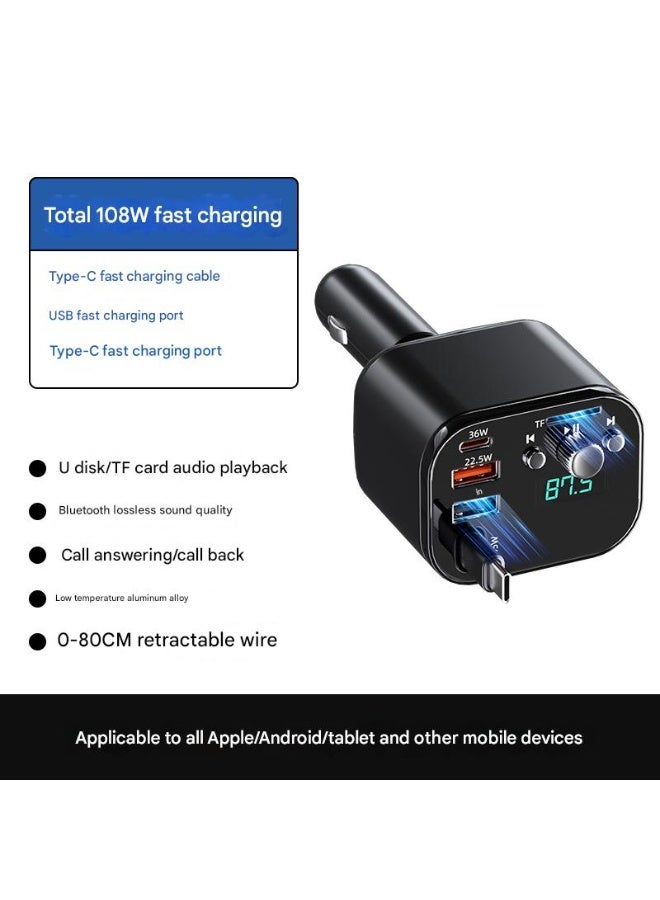Bluetooth MP3 Car Charger | USB/TF Playback | Lossless Audio | Type-C & USB Fast Charging | 0-80CM Retractable Cable | For iPhone/Android/Tablet - Image 5