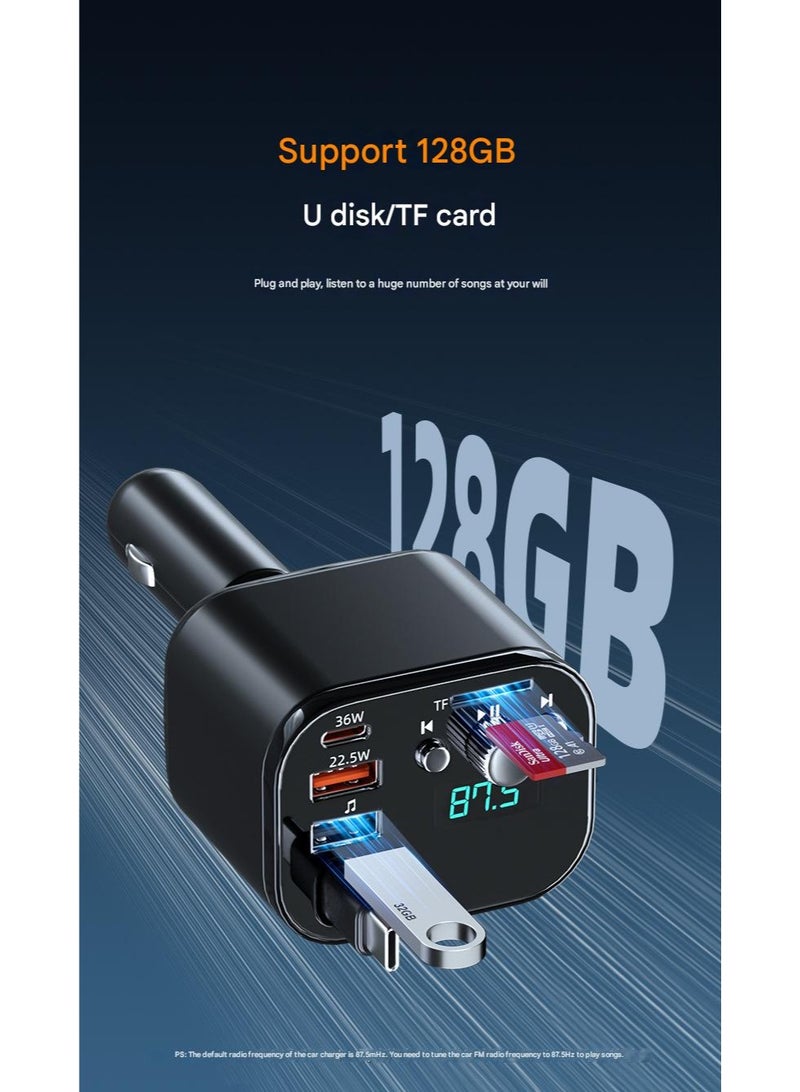 Bluetooth MP3 Car Charger | USB/TF Playback | Lossless Audio | Type-C & USB Fast Charging | 0-80CM Retractable Cable | For iPhone/Android/Tablet - Image 1