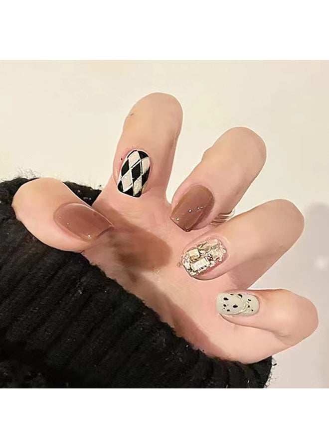 Onsdag 24Pcs Artificial Fingernails Acrylic Fake Nails with Lattic Rhinestone Decorations Designs Press on Nails Square Short Length Coffin Full Cover Reusable False Nails with Glue Glue on Nails with Charm - Image 2