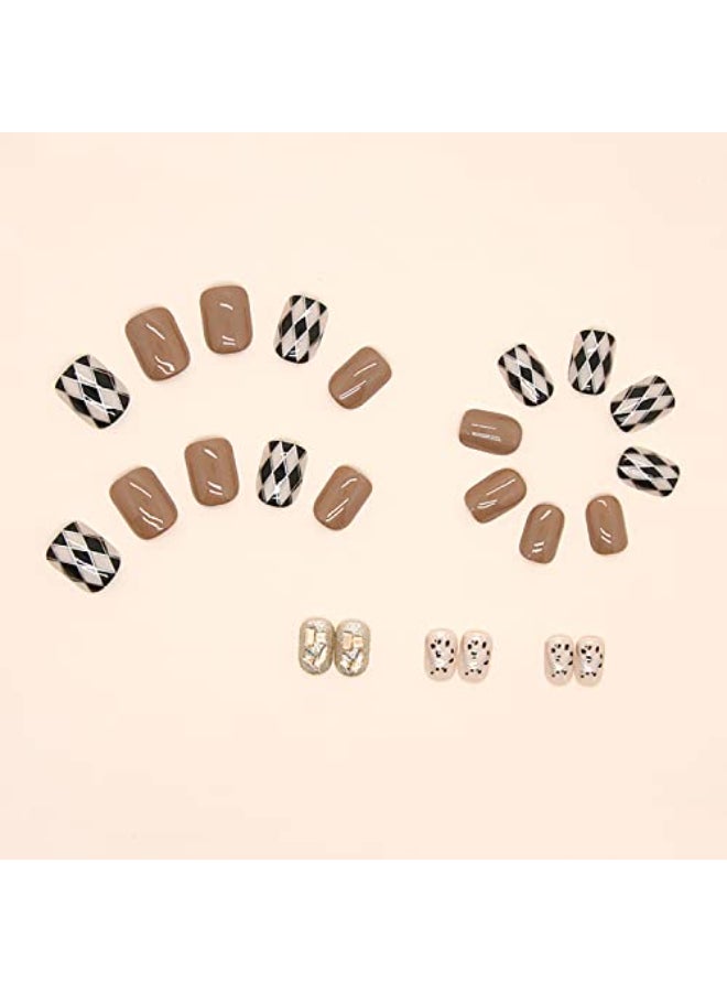 Onsdag 24Pcs Artificial Fingernails Acrylic Fake Nails with Lattic Rhinestone Decorations Designs Press on Nails Square Short Length Coffin Full Cover Reusable False Nails with Glue Glue on Nails with Charm - Image 3