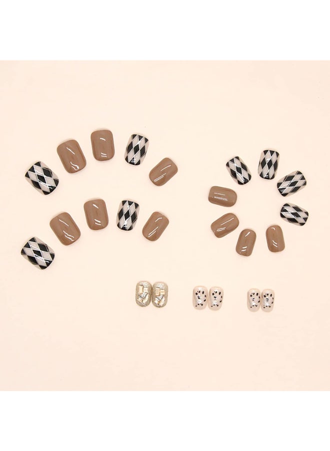 Onsdag 24Pcs Artificial Fingernails Acrylic Fake Nails with Lattic Rhinestone Decorations Designs Press on Nails Square Short Length Coffin Full Cover Reusable False Nails with Glue Glue on Nails with Charm - Image 4