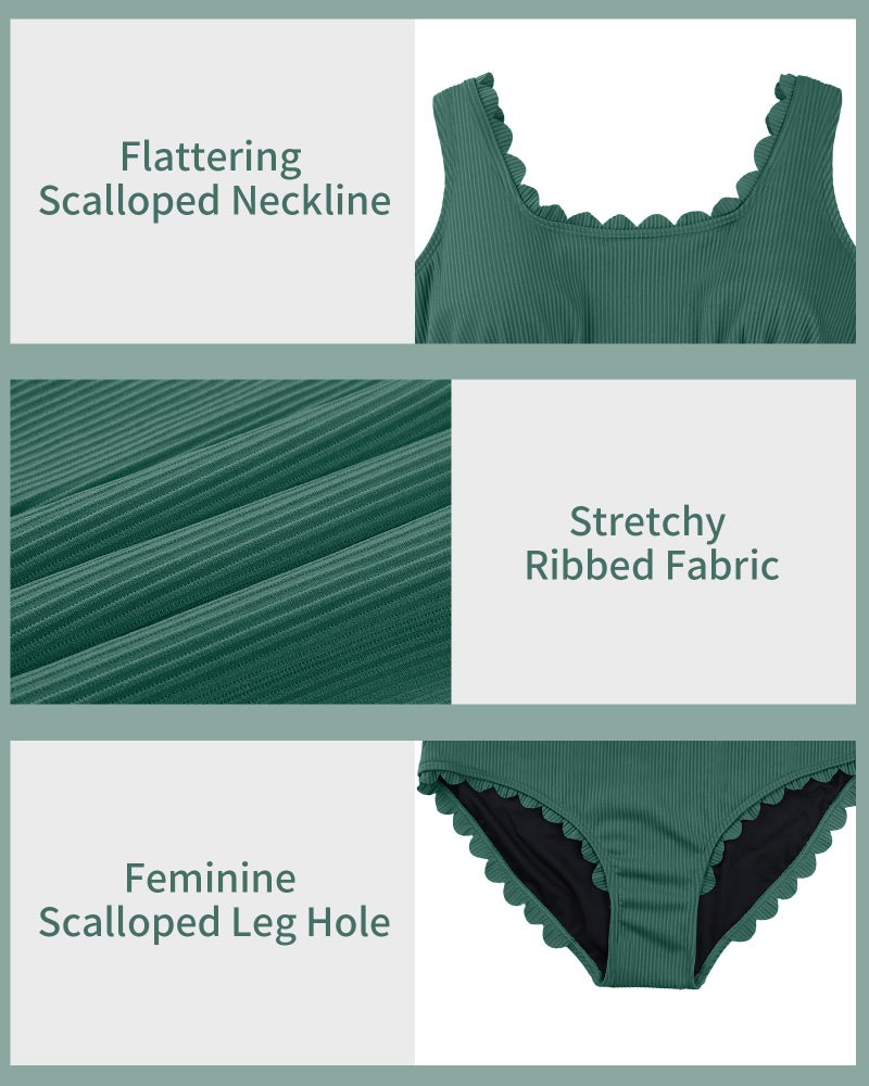 Charmo Plus Size Tummy Control Swimsuit One Piece Scallop Trim Ribbed Ruched Full Coverage Bathing Suits for Curvy Women Army Green 1X - Image 4