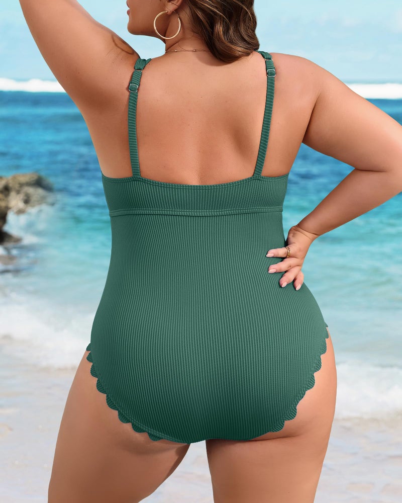 Charmo Plus Size Tummy Control Swimsuit One Piece Scallop Trim Ribbed Ruched Full Coverage Bathing Suits for Curvy Women Army Green 1X - Image 2