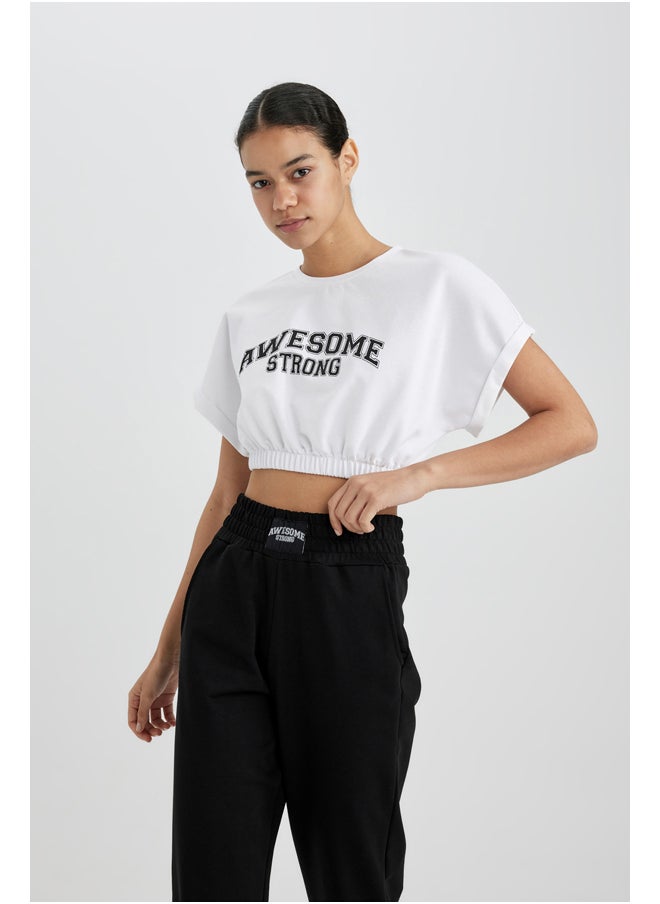 DeFacto - Woman Cropped Fit Crew Neck Knitted Short Sleeve T-Shirt - Image 1