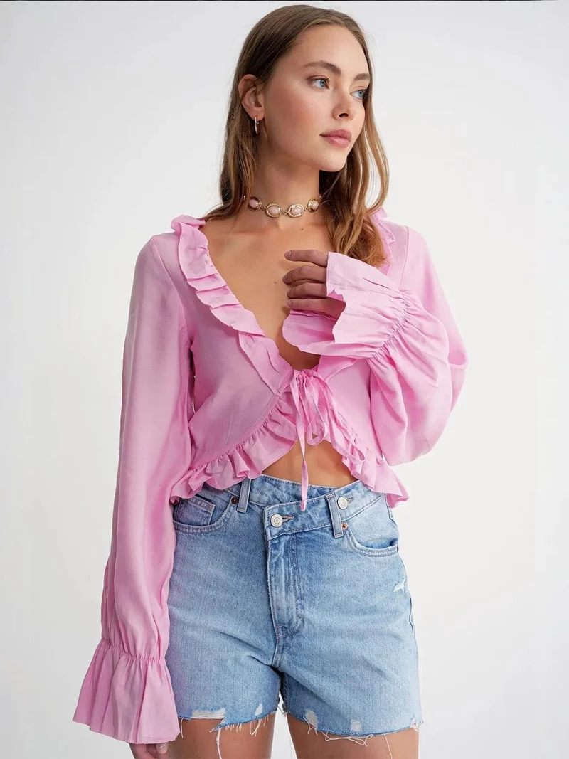 MixRay Mixray Frilly V-Neck Long Sleeve Crop Blouse