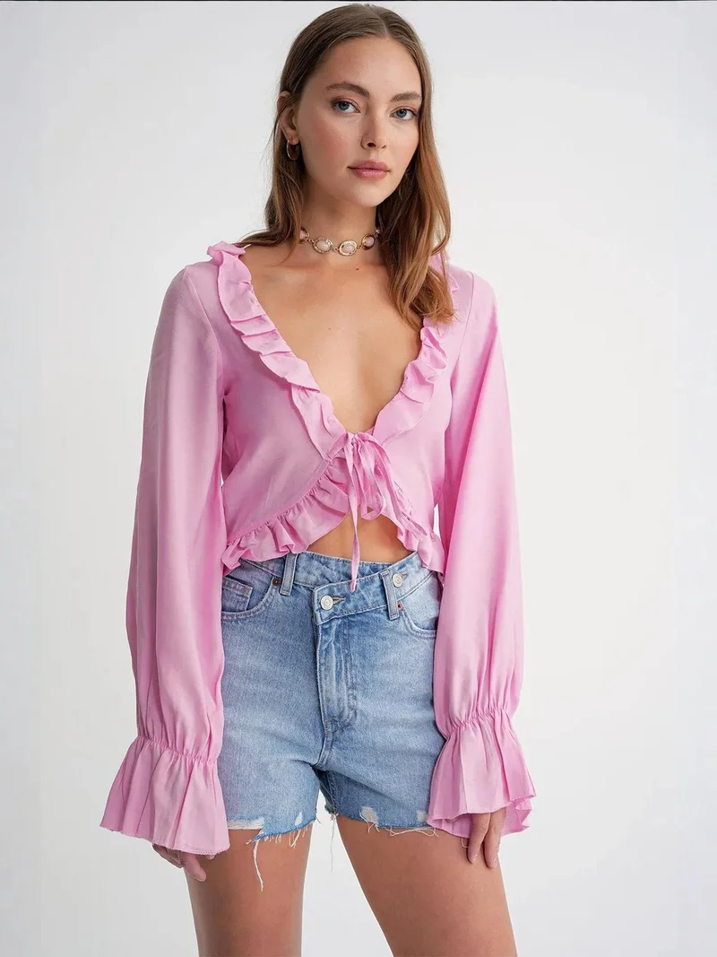 MixRay Mixray Frilly V-Neck Long Sleeve Crop Blouse