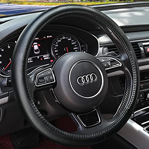 Haokay Heavy Duty Pure Cowhide Steering Wheel Cover, Black Genuine Leather Steering Wheel Cover Men Women Universal 14.5 to 15 Inch - Image 1