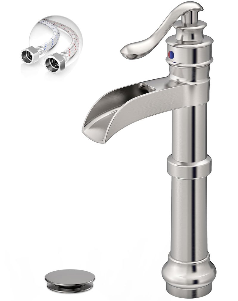 BATHLAVISH Vessel Sink Faucet Brushed Nickel Bathroom Waterfall Sink Faucet Tall Bathroom Single Handle 1 Hole Lavatory Commercial Vanity Mixer Tap with Pop Up Drain Without Overflow Supply Line