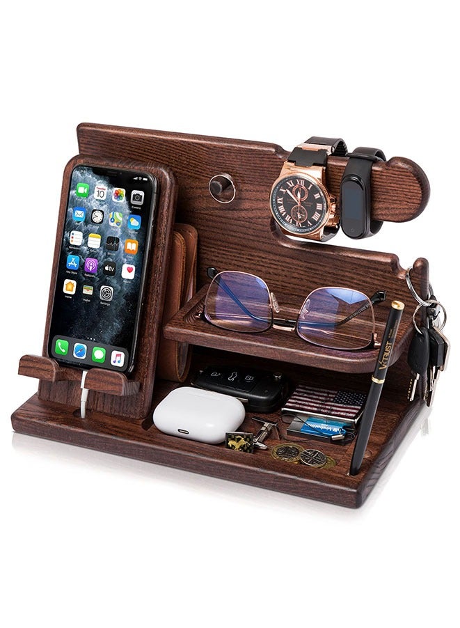 Muyixin محطة شحن هاتف خشبية للرجال - ملحقات المكتب ومنظم مساحة العمل - منظم طاولة السرير - هدايا عيد الميلاد للرجال أو الآباء - فكرة للاحتفال بالذكرى السنوية - حامل مفاتيح - حامل ساعة (بني) - Image 1