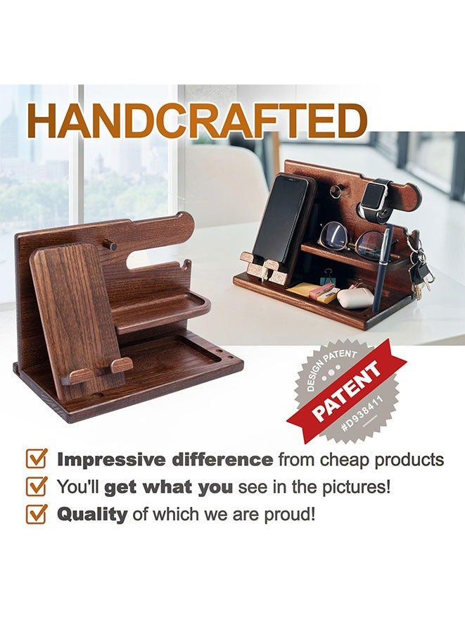 Muyixin محطة شحن هاتف خشبية للرجال - ملحقات المكتب ومنظم مساحة العمل - منظم طاولة السرير - هدايا عيد الميلاد للرجال أو الآباء - فكرة للاحتفال بالذكرى السنوية - حامل مفاتيح - حامل ساعة (بني) - Image 5