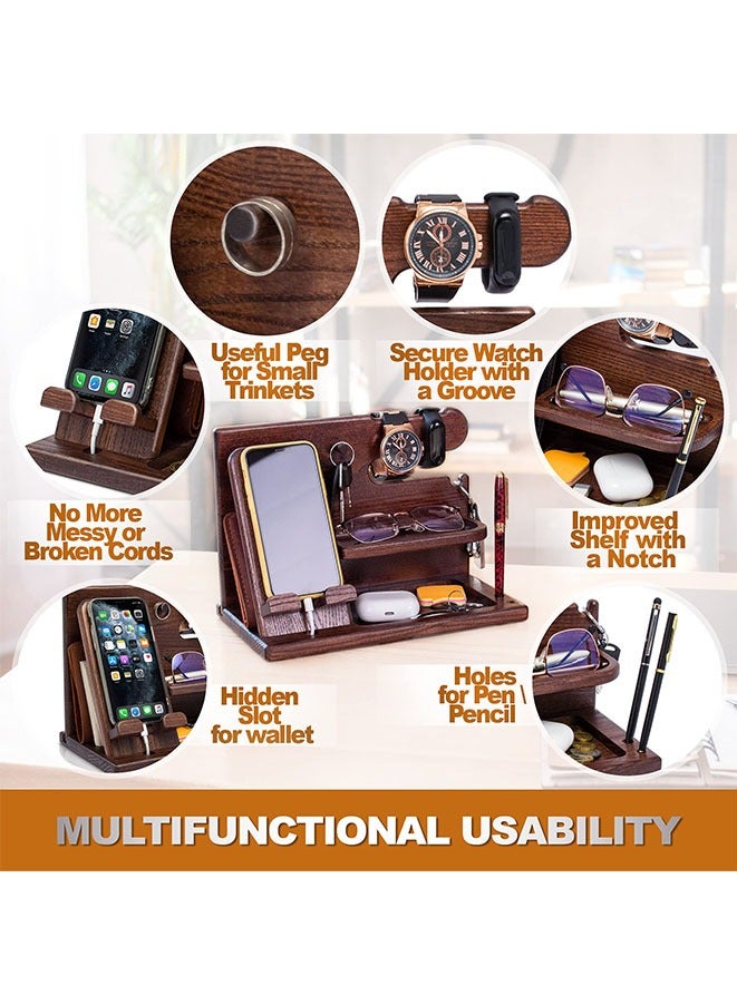 Muyixin محطة شحن هاتف خشبية للرجال - ملحقات المكتب ومنظم مساحة العمل - منظم طاولة السرير - هدايا عيد الميلاد للرجال أو الآباء - فكرة للاحتفال بالذكرى السنوية - حامل مفاتيح - حامل ساعة (بني) - Image 4