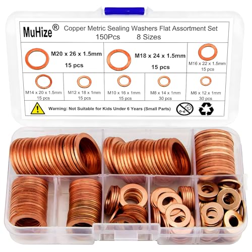 MuHize Copper Washers Kit 150PCS 8 Sizes - Metric Sealing Flats(M6 M8 M10 M12 M14 M16 M18 M20) for Automotive Fuel Line, Oil Pan Repair (Anti-Corrosion) - Image 1