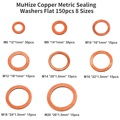 MuHize Copper Washers Kit 150PCS 8 Sizes - Metric Sealing Flats(M6 M8 M10 M12 M14 M16 M18 M20) for Automotive Fuel Line, Oil Pan Repair (Anti-Corrosion) - Image 2