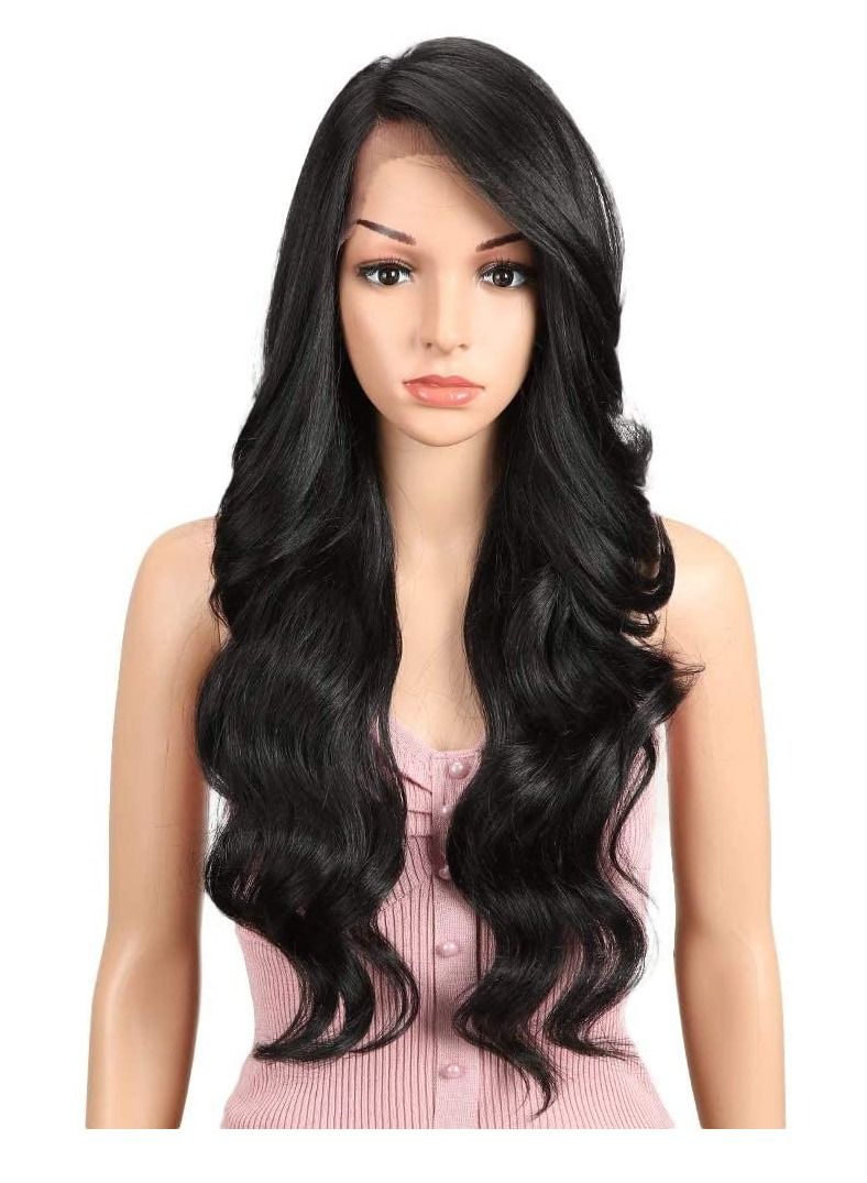إستيل شعر مستعار أمامي كبير مجعد مموج فاصل عالي الدقة من الدانتيل مع شعر الطفل باروكات صناعية بدرجة حرارة عالية للنساء السود 180٪ كثافة اللون الأسود الطبيعي (أسود طبيعي # 1B) - Image 1