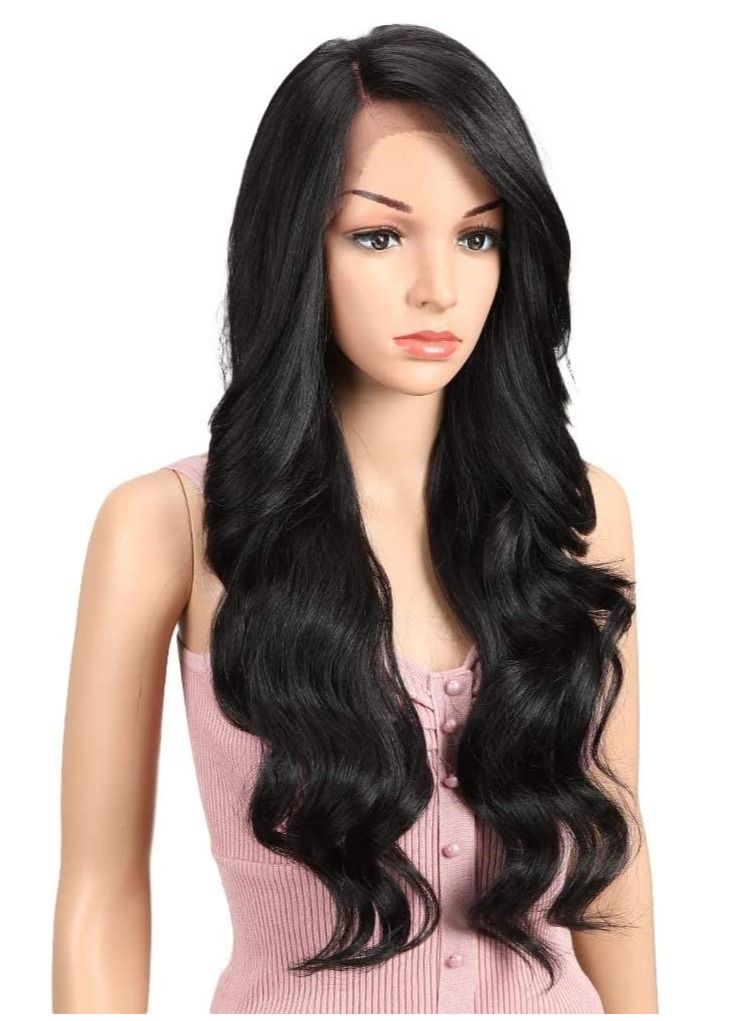 إستيل شعر مستعار أمامي كبير مجعد مموج فاصل عالي الدقة من الدانتيل مع شعر الطفل باروكات صناعية بدرجة حرارة عالية للنساء السود 180٪ كثافة اللون الأسود الطبيعي (أسود طبيعي # 1B) - Image 4