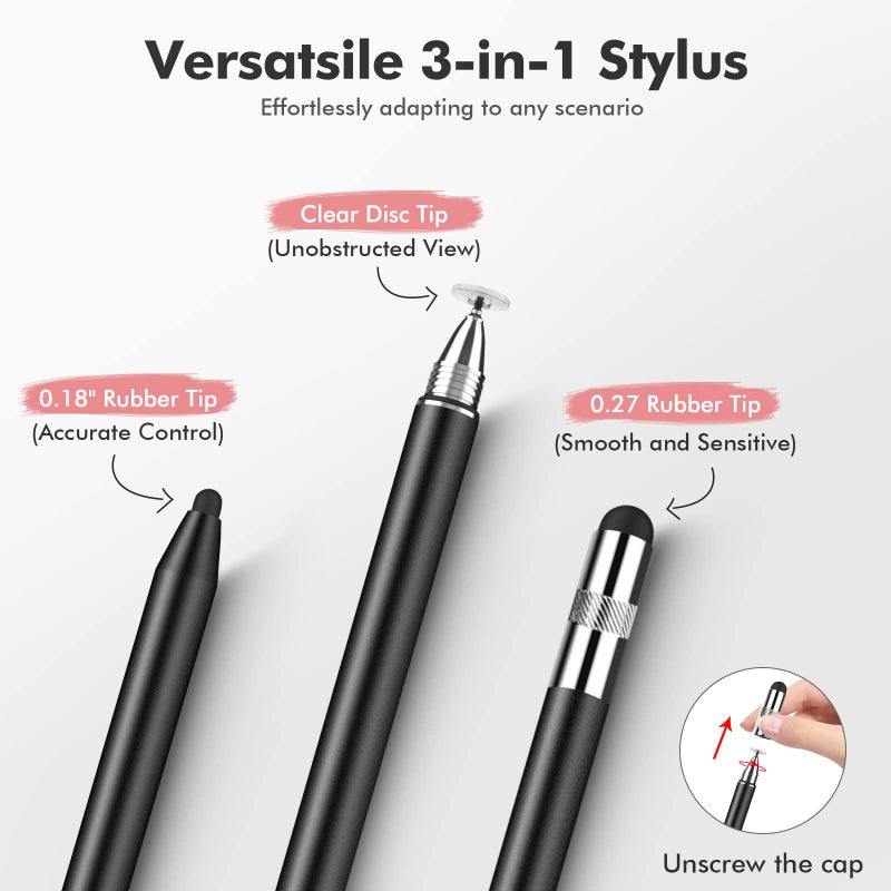 MEKO 3 in 1 Stylus Pens for Touch Screens, High Sensitivity & Precision Capacitive Stylus for Apple iPad iPhone Tablets Samsung Galaxy All Universal Touchscreen Devices (2 Pack-Black/Rose Gold) - Image 2