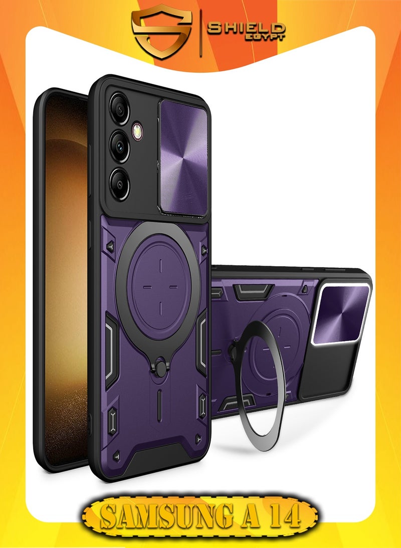 شيلد ايجيبت لهاتف سامسونج جالاكسي اية 14/ اية 14 5جى (Samsung Galaxy A14/A14 5G) جراب حماية مع باب جرار لحماية عدسة  الكاميرا المدرعة مدمج بزاوية 360 درجة - (بنفسجى)