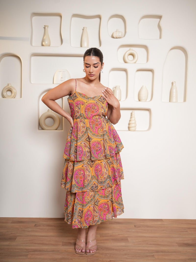 PURVAJA Women’s Layered Below Knee Length Dress (Floe-023_Yellow_Large) - Image 4
