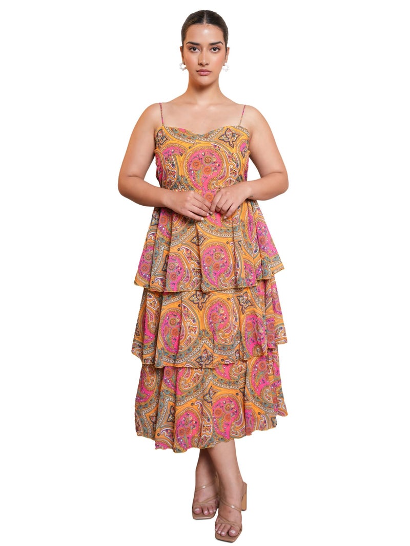 PURVAJA Women’s Layered Below Knee Length Dress (Floe-023_Yellow_Large) - Image 1