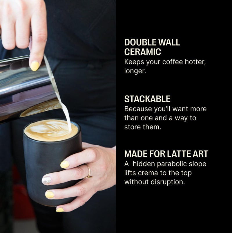 Fellow Monty Latte Art Cup 11oz - Double Wall Insulated Ceramic Coffee Mug for Cappuccino, Espresso & Barista, Stackable, Dishwasher Safe, Matte Black - Image 2