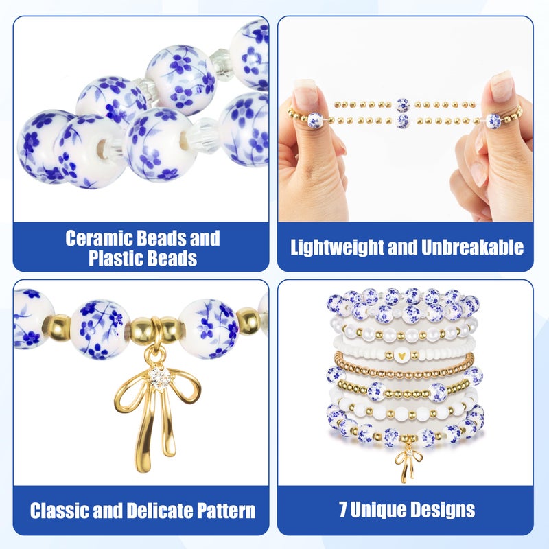 Y1tvei Blue Ceramic Bead Bracelets - 7Pcs Coquette Floral Vintage Beads Plastic Pearl Gold Bow Heart Charm Wrist Bracelet Travel Party Favor Stretchable Jewelry Accessory Chain Gift Supplies for Women - Image 3
