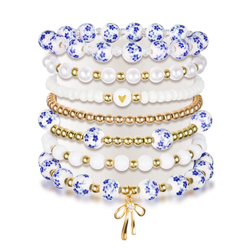 Y1tvei Blue Ceramic Bead Bracelets - 7Pcs Coquette Floral Vintage Beads Plastic Pearl Gold Bow Heart Charm Wrist Bracelet Travel Party Favor Stretchable Jewelry Accessory Chain Gift Supplies for Women - Image 1