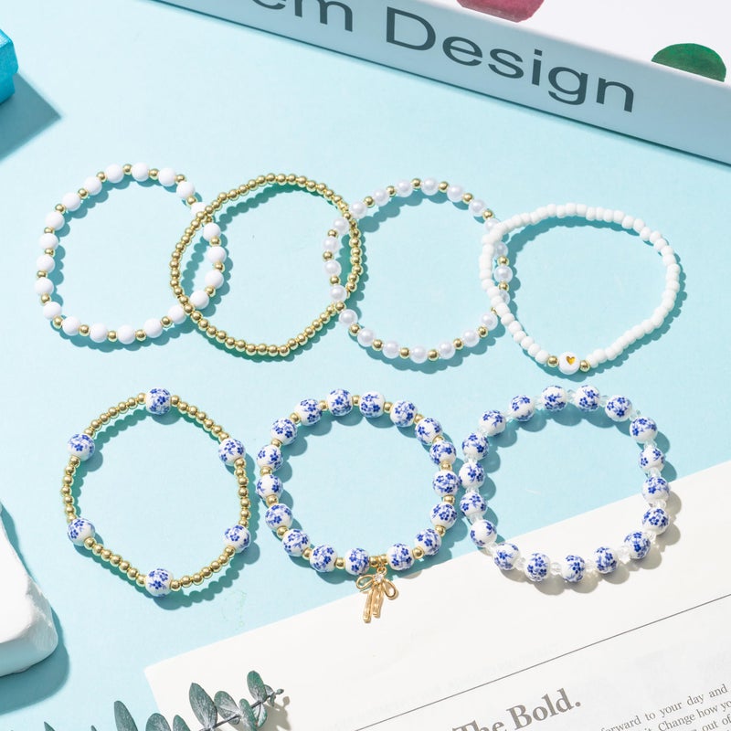 Y1tvei Blue Ceramic Bead Bracelets - 7Pcs Coquette Floral Vintage Beads Plastic Pearl Gold Bow Heart Charm Wrist Bracelet Travel Party Favor Stretchable Jewelry Accessory Chain Gift Supplies for Women - Image 4