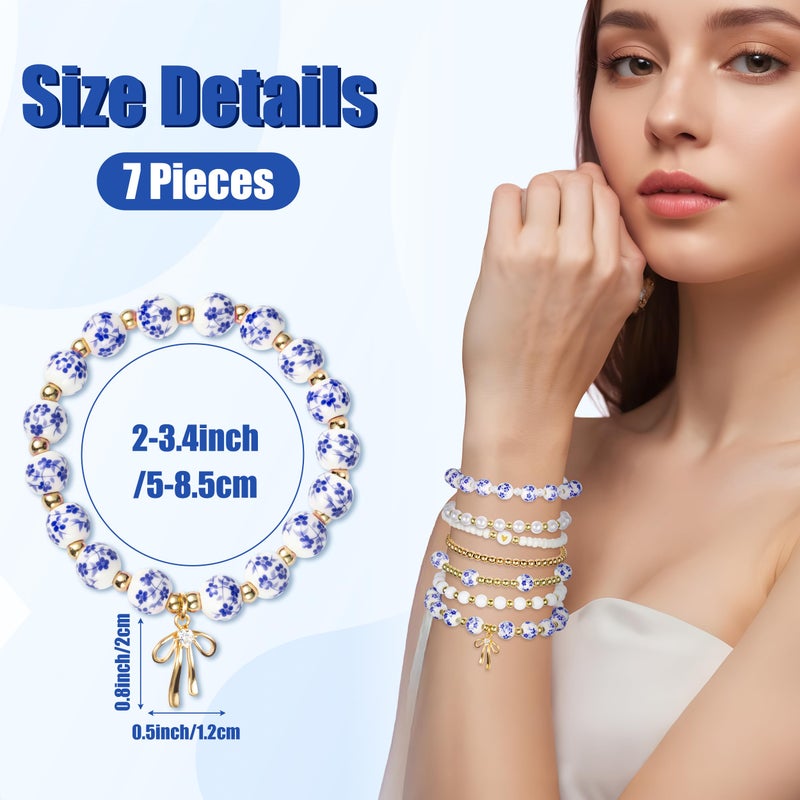 Y1tvei Blue Ceramic Bead Bracelets - 7Pcs Coquette Floral Vintage Beads Plastic Pearl Gold Bow Heart Charm Wrist Bracelet Travel Party Favor Stretchable Jewelry Accessory Chain Gift Supplies for Women - Image 2