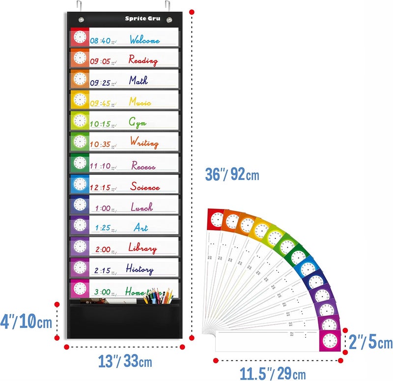 SpriteGru Daily Schedule Pocket Chart, Classroom Charts with 13+1 Pockets, 13 Double-Sided Reusable Colored Cards, 13 Blank Ones and 2 Over-Door Mounting Hangers Include (Black, 13” x 36”) - Image 2