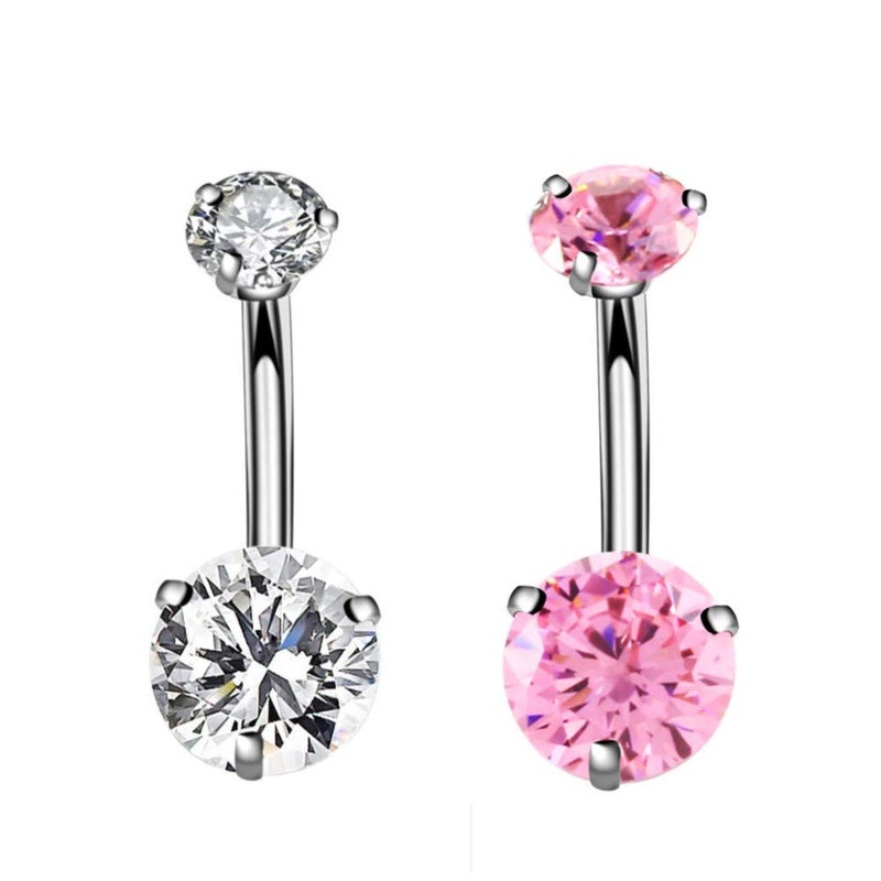 YHMM 14G Surgical Steel Belly Button Rings, Internally Threaded 12mm Long Round CZ Navel Barbell Stud for Women Men (2 Pcs Clear+Pink)
